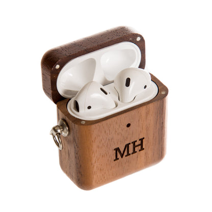 Branded Walnut AirPods Case with sample Airpods inside