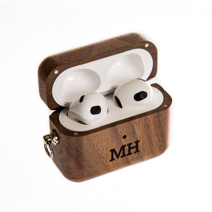 Branded Walnut AirPods Case with sample Airpods inside