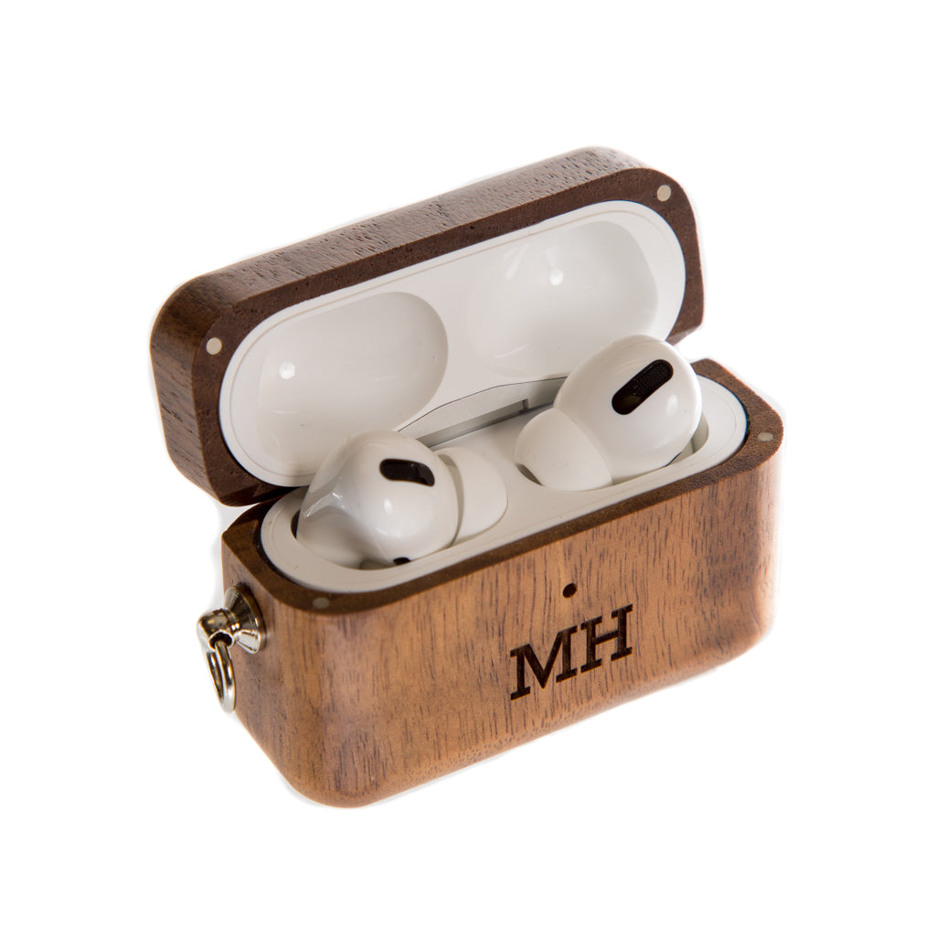 Branded Walnut AirPods Case with sample Airpods inside