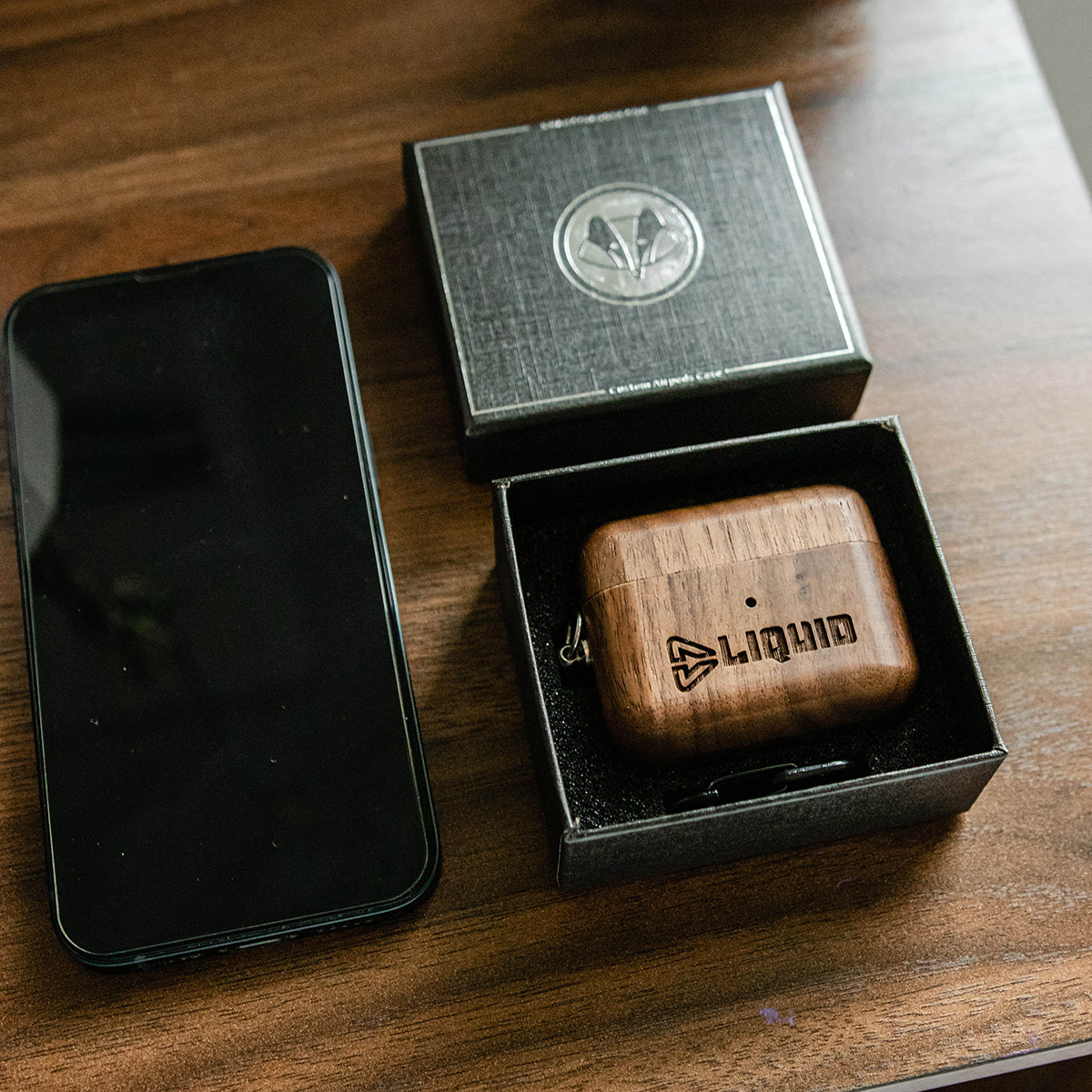 Branded Walnut AirPods Case with Box