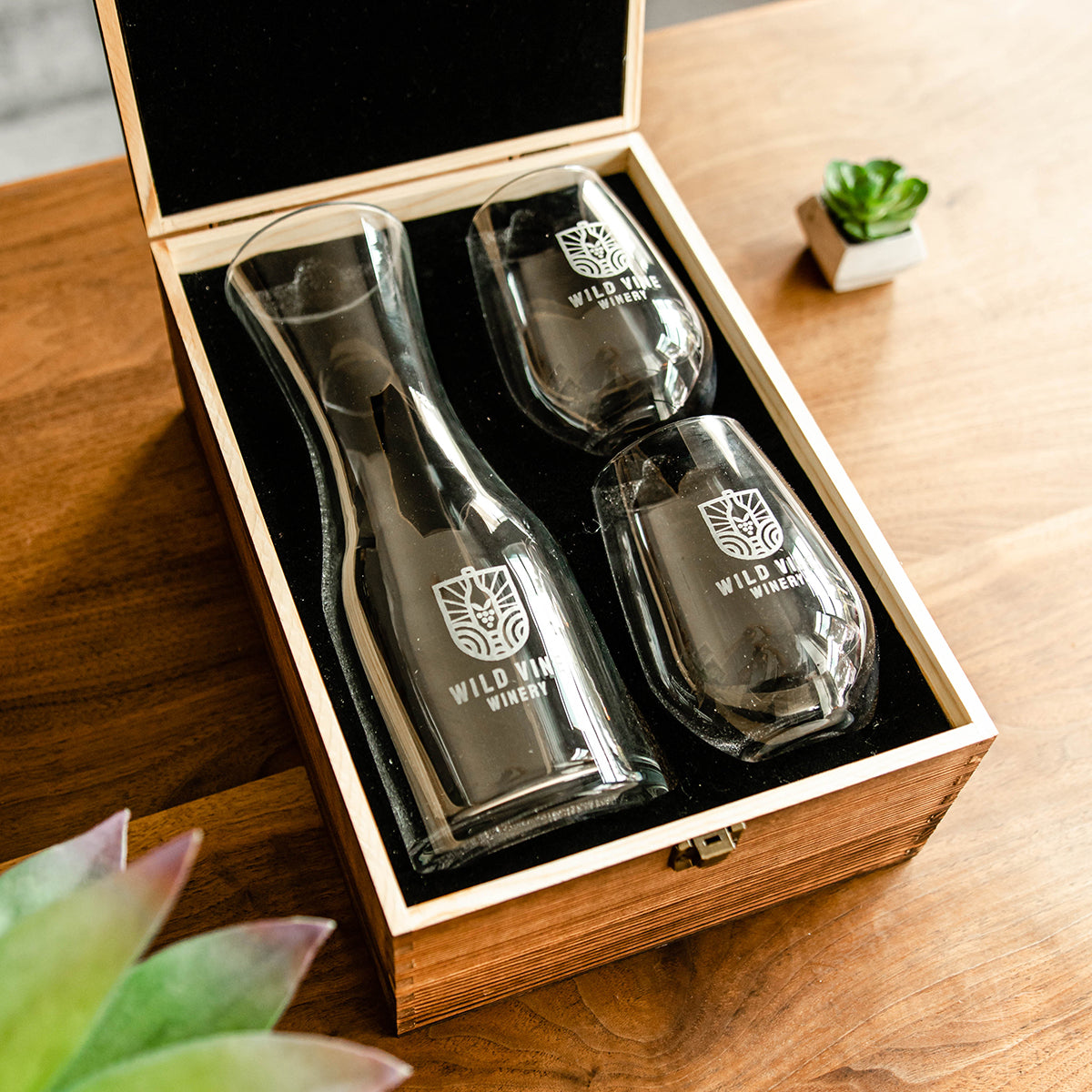 Branded Wine Decanter & 2 Stemless Wine Glasses in Box