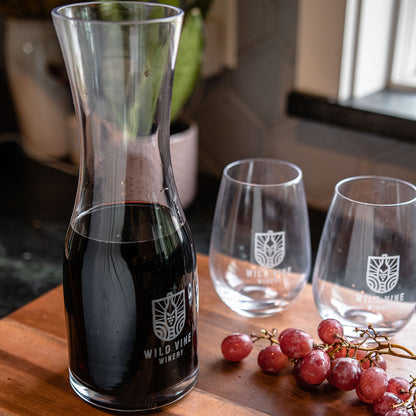 Branded Wine Decanter & 2 Stemless Wine Glasses