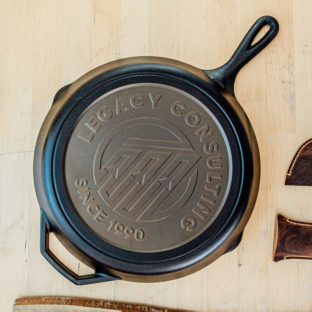 Branded Cast Iron Skillet on Table